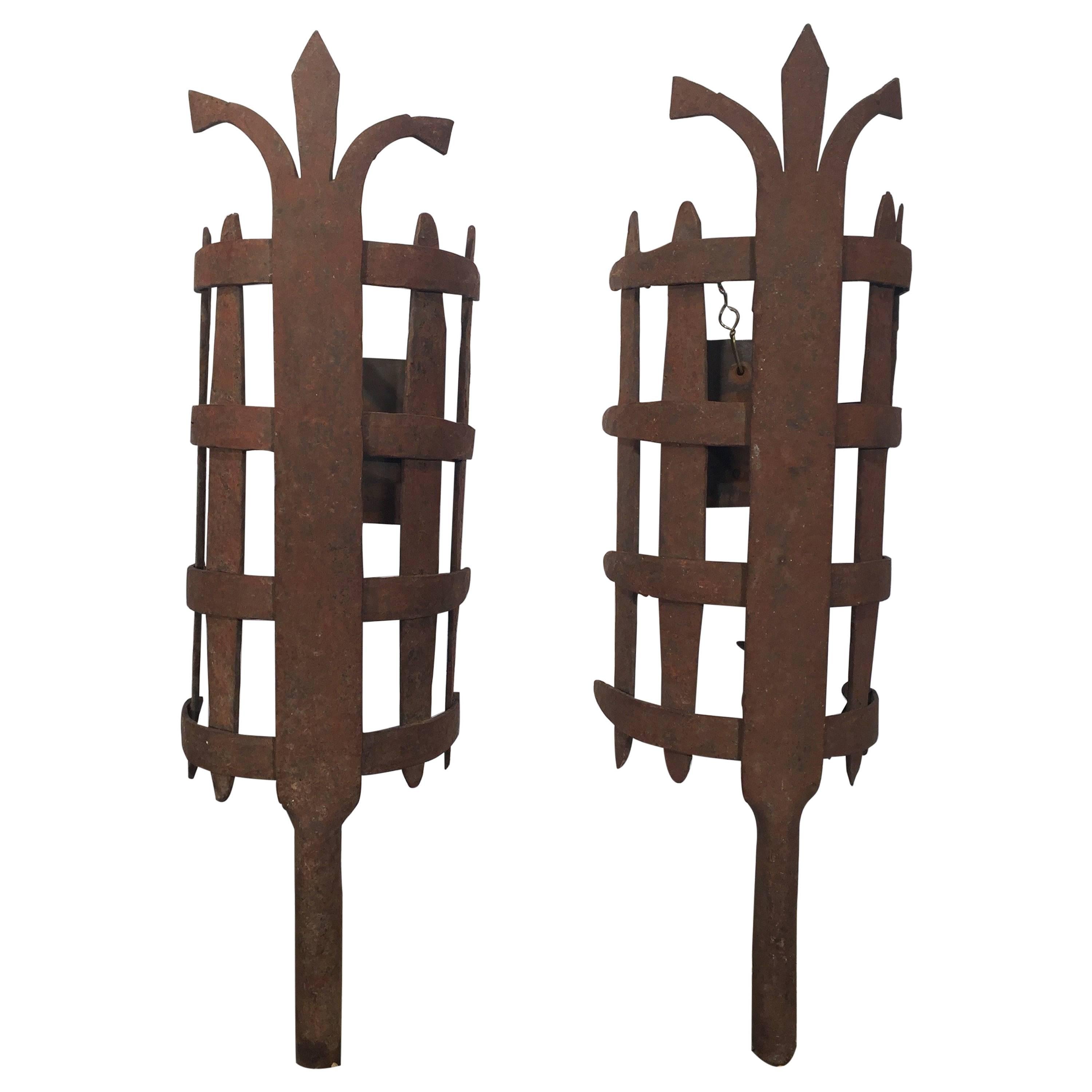 Large Pair of French Wrought Iron Medieval-Style Sconces For Sale