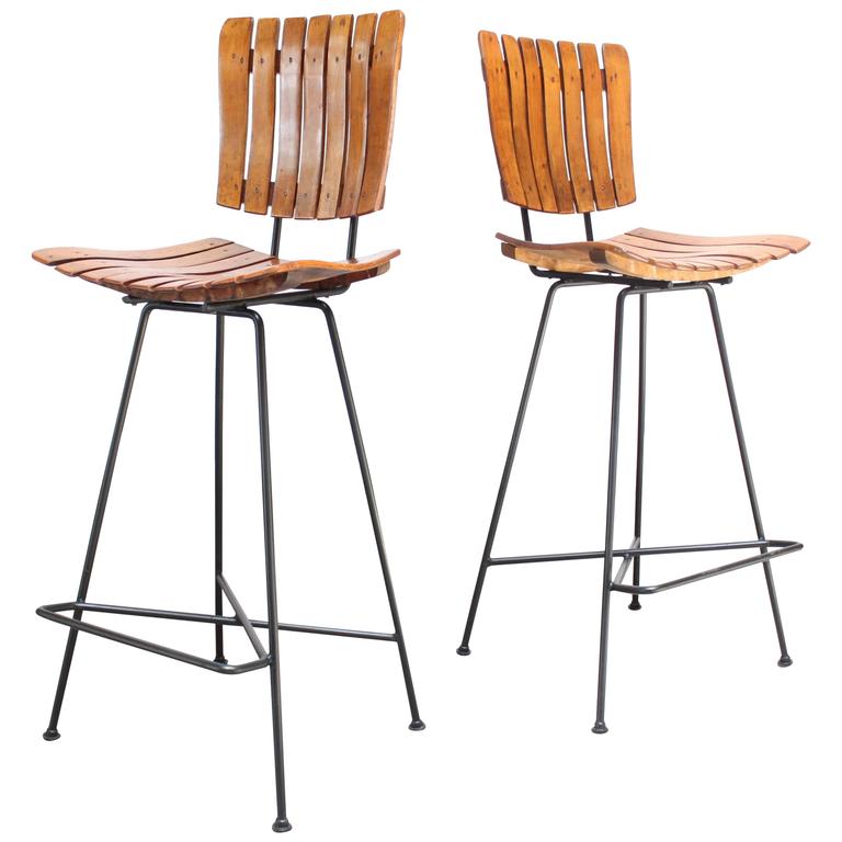 Pair Of Iron And Birch Slat Stools By Arthur Umanoff For Raymor Pair Of Iron And Birch Slat Stools By Arthur Umanoff For Raymor