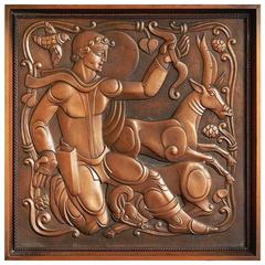 "Hunter with Antelope," Striking Art Deco Sculptural Copper Wall Panel