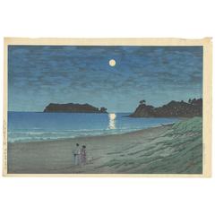 Antique Summer Sea Night Print, Japanese Woodblock Print by Kawase Hasui, Moonlight Blue