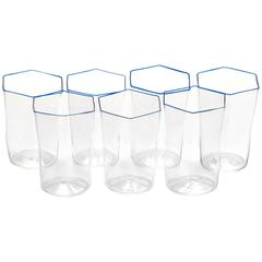 Set of Six Glasses, Hexagonal Cobalt Rim, Carlo Scarpa 1932 Design, Bonus Plate