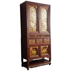 Antique Rare 19th Century Hand-Carved & Red Laquered Cabinet with Golden Decor Sumatra