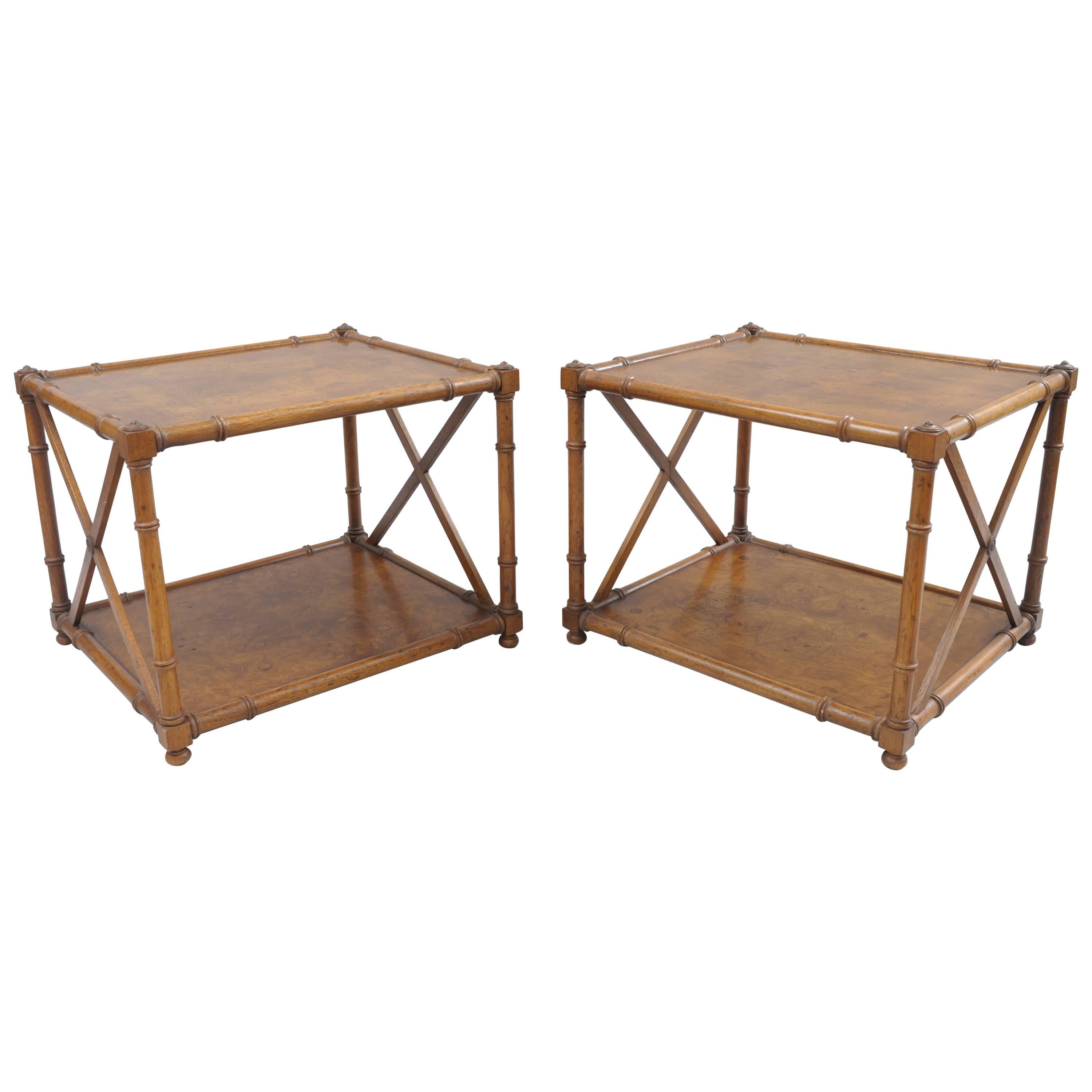 Pair of Burl Wood Faux Bamboo Low End Tables Drexel Heritage Grand Tour