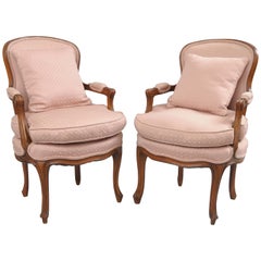Vintage  Pair of Country French Provincial Louis XV Style Arm Chairs Pink Carved Walnut