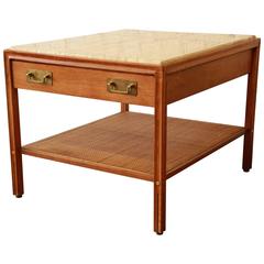 Gerry Zanck for Gregori Mid-Century End Table in Walnut, Travertine, Cane, Brass