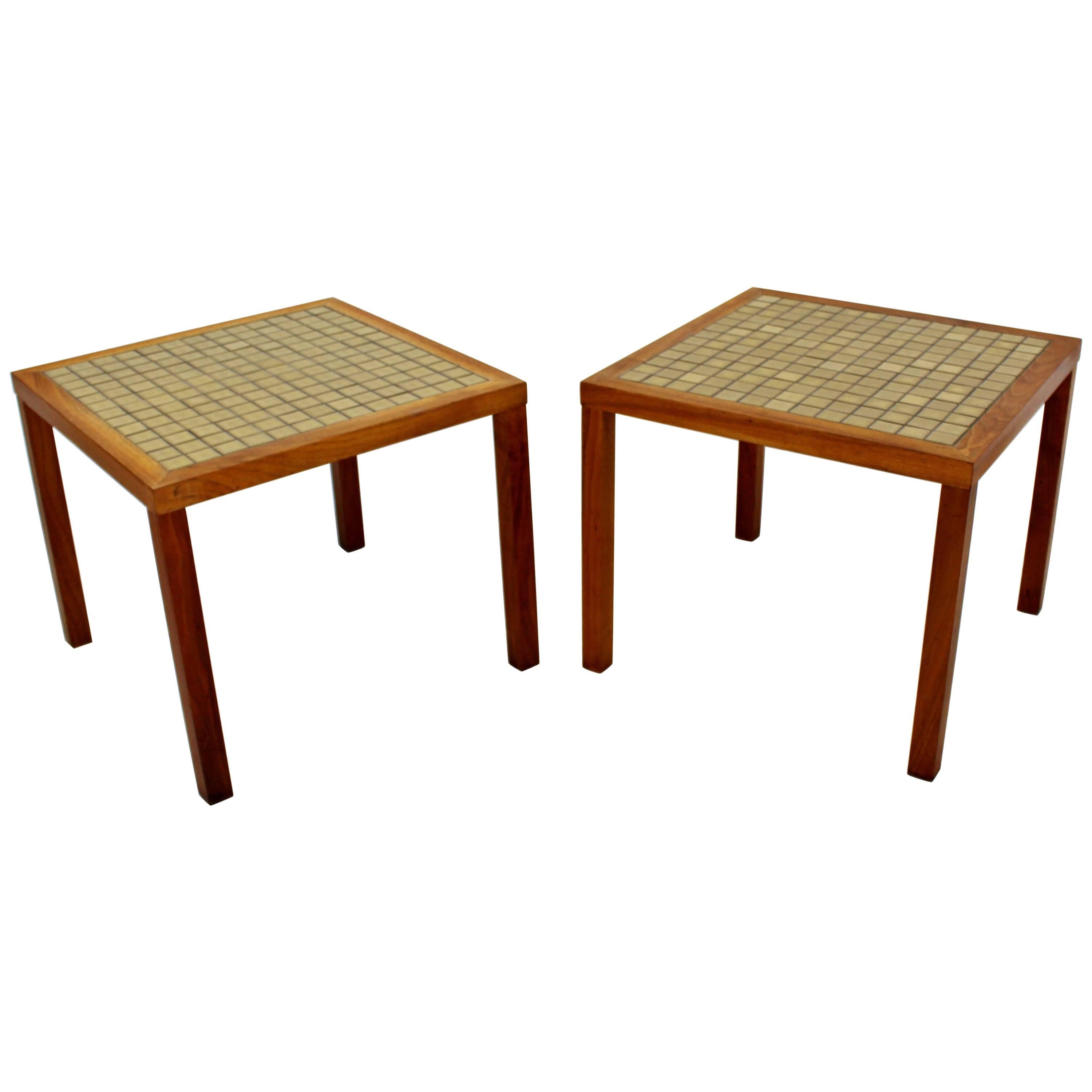 Mid-Century Modern Pair of Martz Green Tile-Top and Walnut Side End Tables 1960s