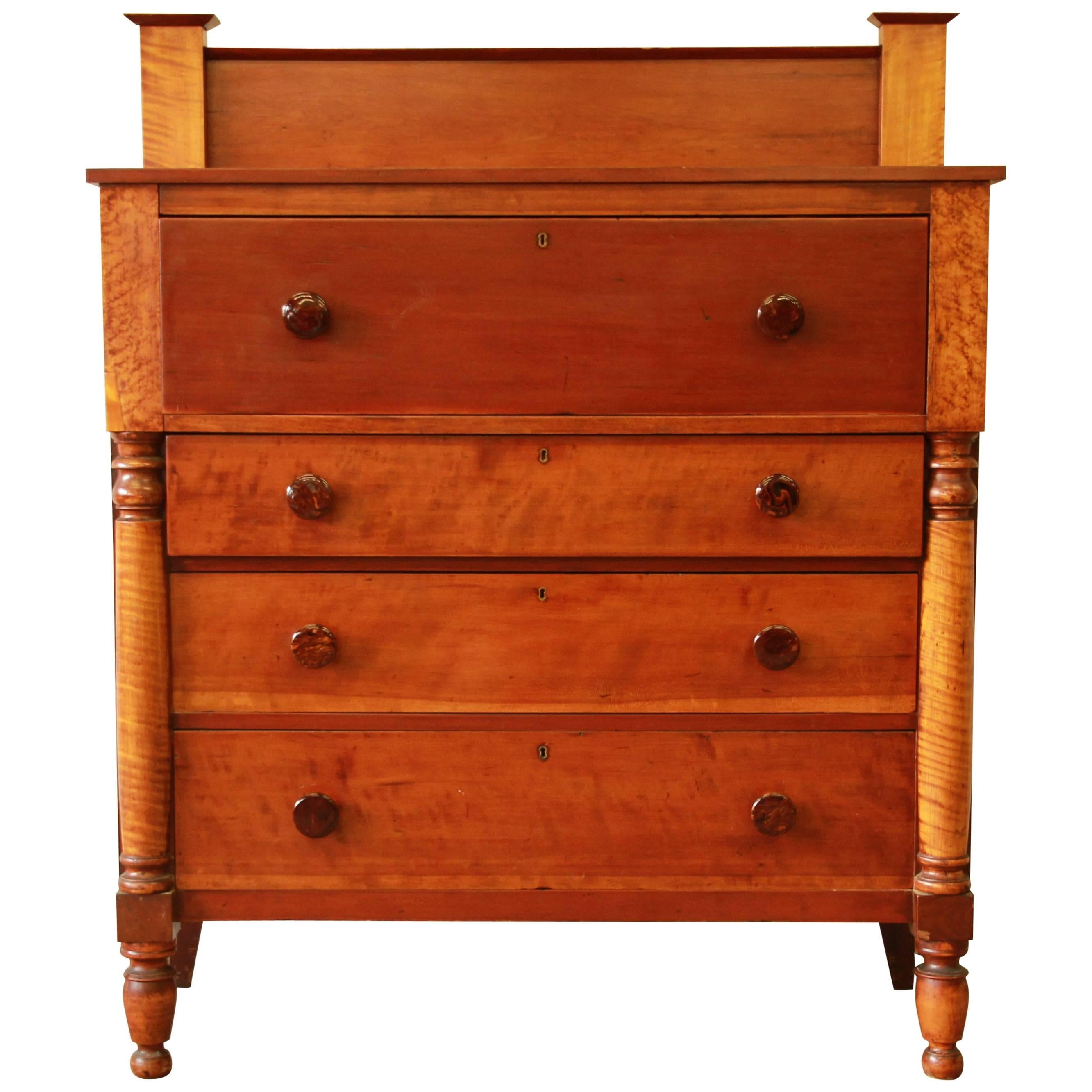 American Sheraton Tiger Maple and Cherry Chest of Drawers, 1820s