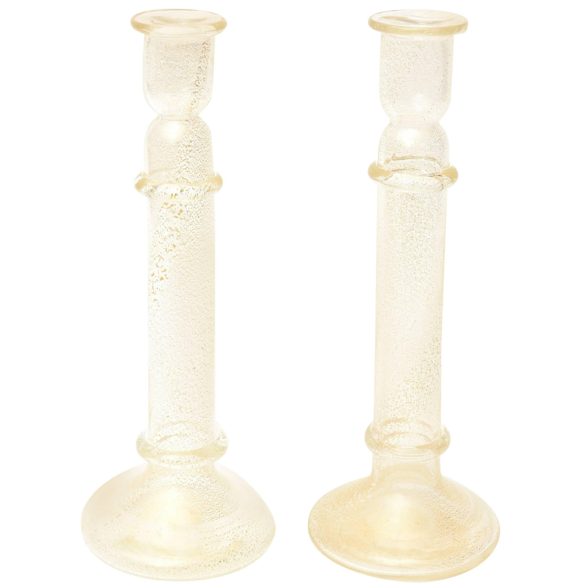 Pair of Murano Barovier e Toso Gold Aventurine Glass Candlesticks 