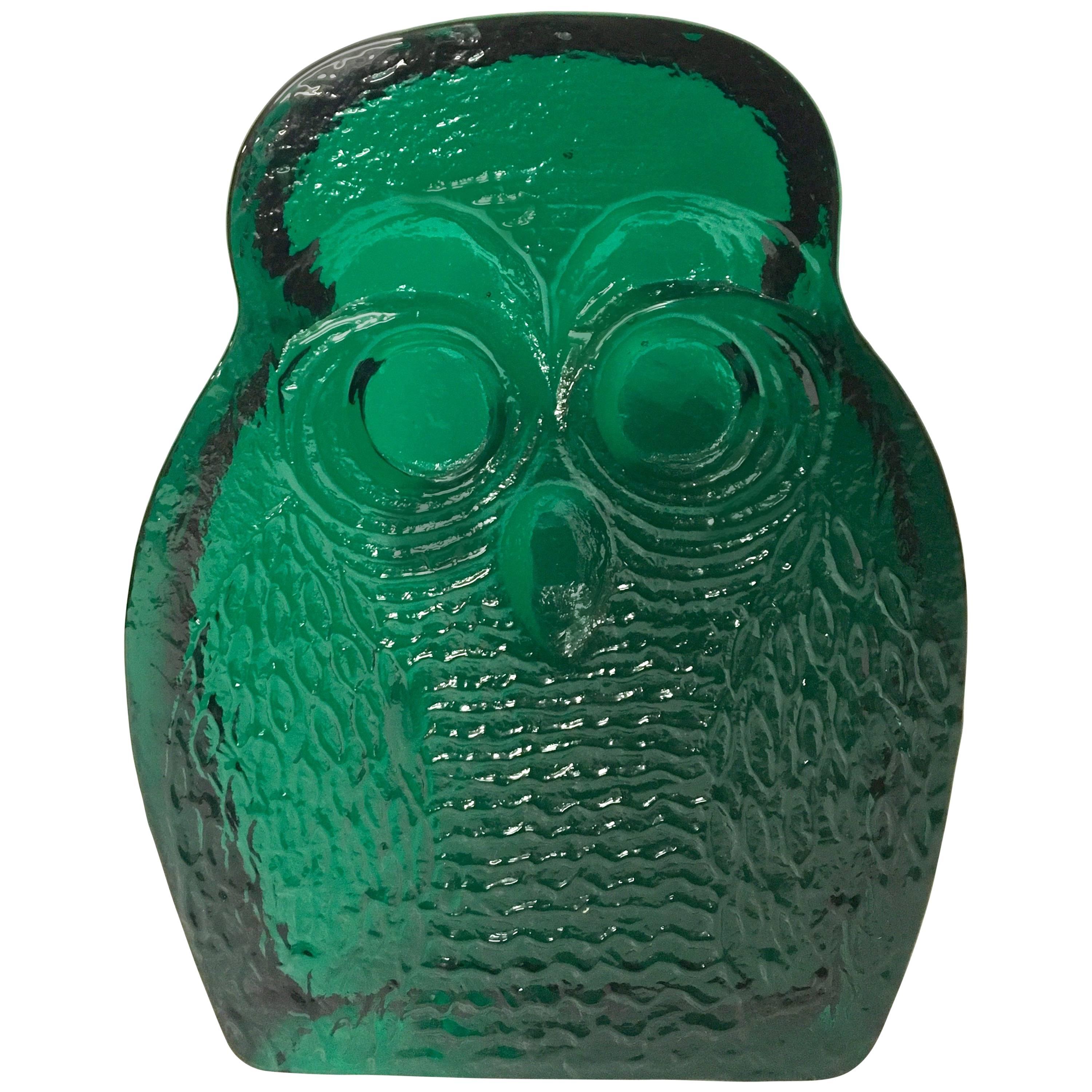 Whimsical Emerald Green Glass Owl Bookend or Paperweight by Blenko