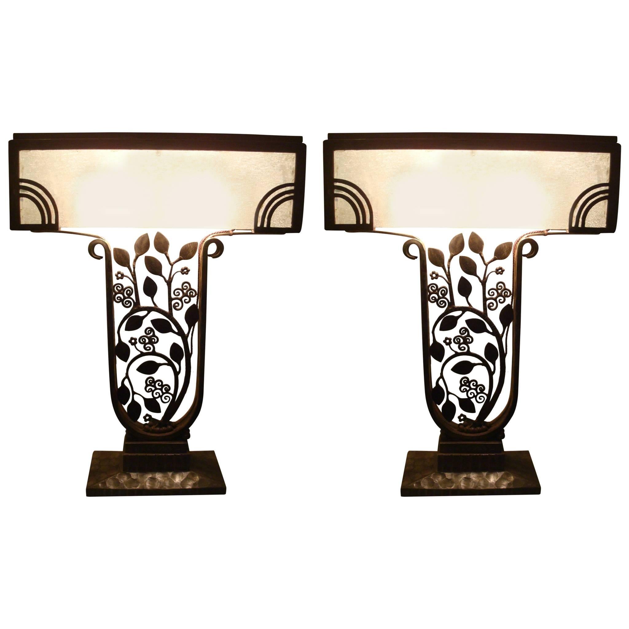 Pair of Edgar Brandt Wrought-Iron Art Deco Table Lamps, circa 1925, France