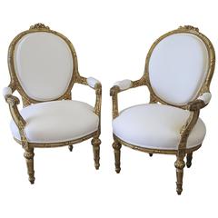Antique Pair of 20th Century Carved Giltwood French Chairs