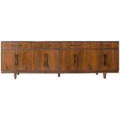 Used Cal-Mode Four-Bay Walnut Credenza with Inlaid Handles