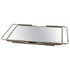 French Mid-Century Modern Chrome Serving Bar Cocktail Mirror Tray Bamboo Design 5