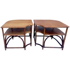 Mid-20th Century Pair Of Teak & Rattan Two-Tier Side Tables