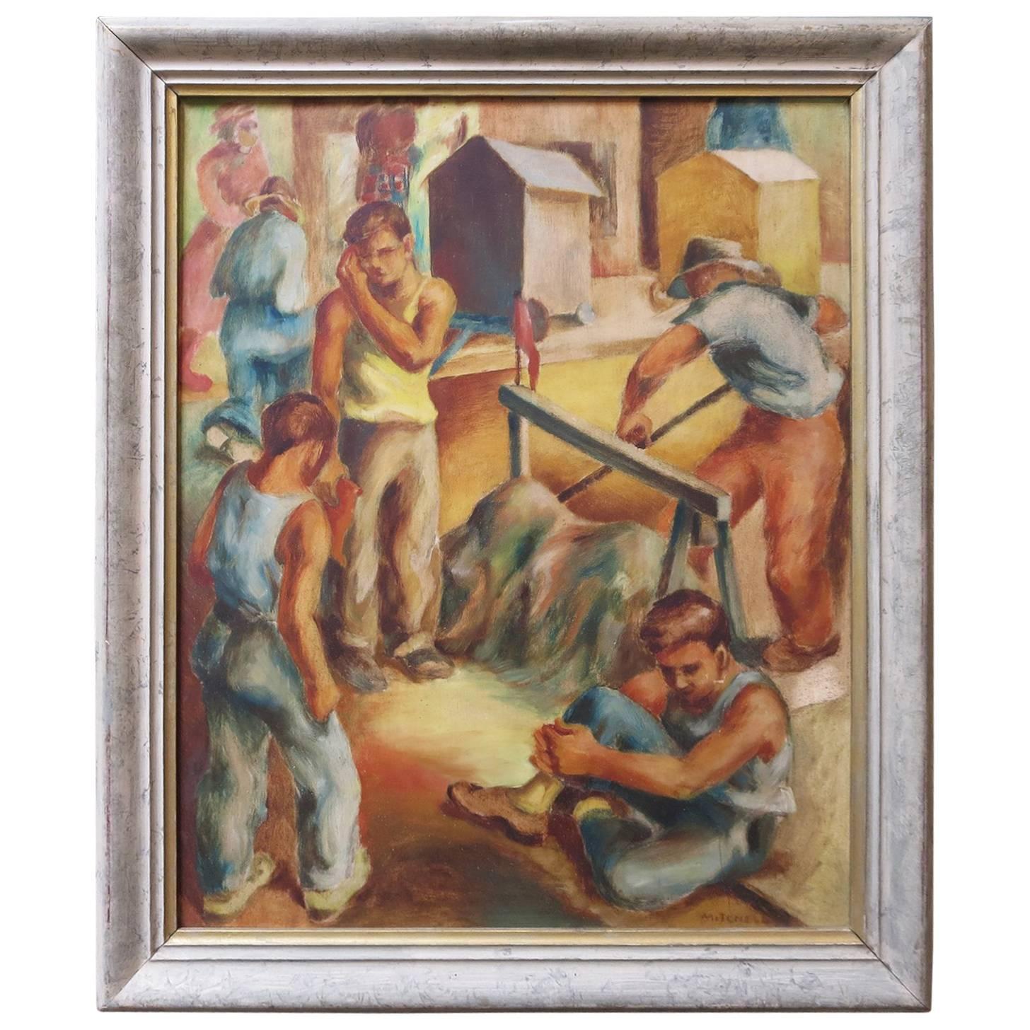 WPA Style 1930s Oil Painting of Road Workers by Mitchell