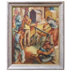 WPA Style 1930s Oil Painting of Road Workers by Mitchell