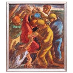 WPA Style 1930s Oil Painting of Striking Workers by a. Martinelli