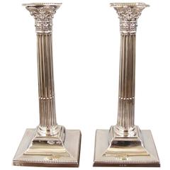Pair of English Victorian Sterling Silver Columnar Candlesticks