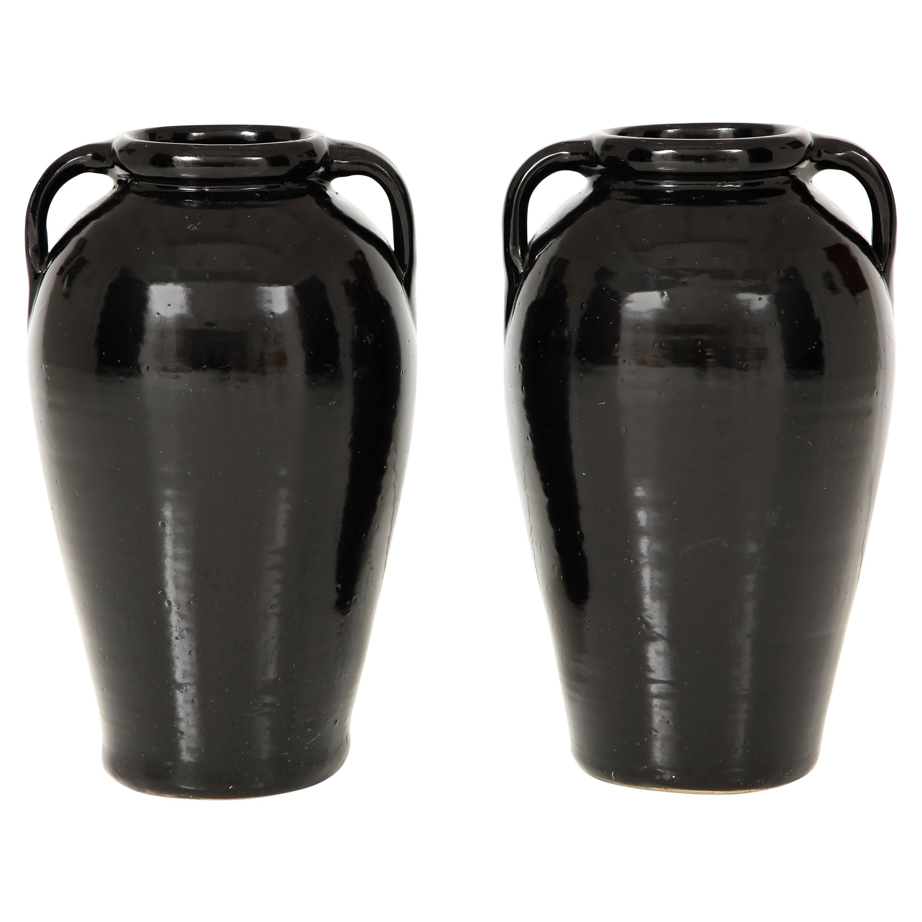 Pair of Black Glazed Stone Ware Vases or Jars with Handles
