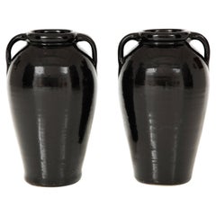 Vintage Pair of Black Glazed Stone Ware Vases or Jars with Handles