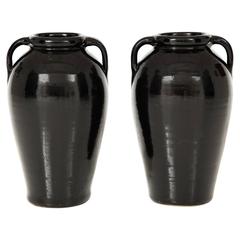 Pair of Tall Black Glazed Stone Ware Vases or Jars with Handles 12