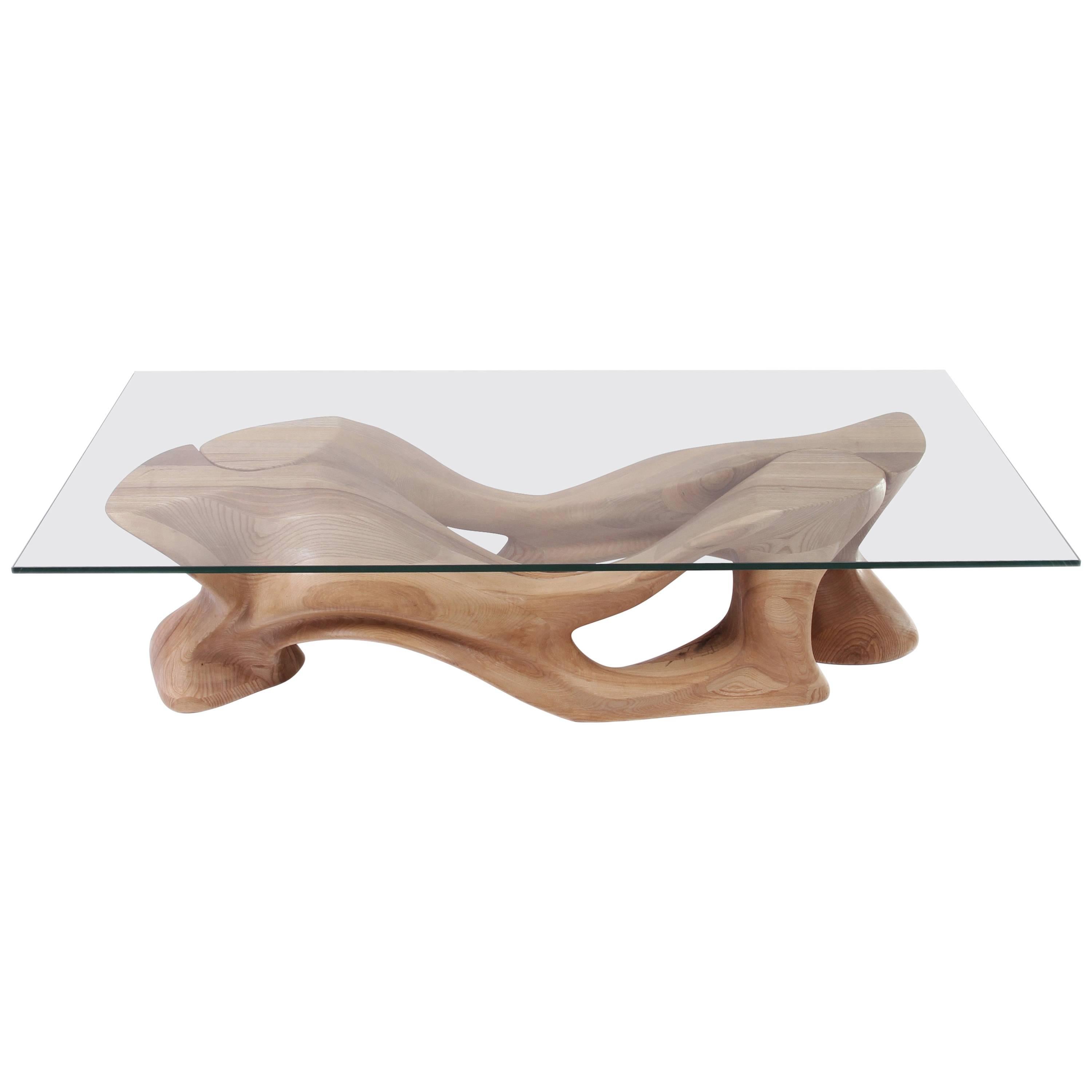Amorph Modern Crux Coffee Table wit rectangular glass, Ash wood Natural stain For Sale