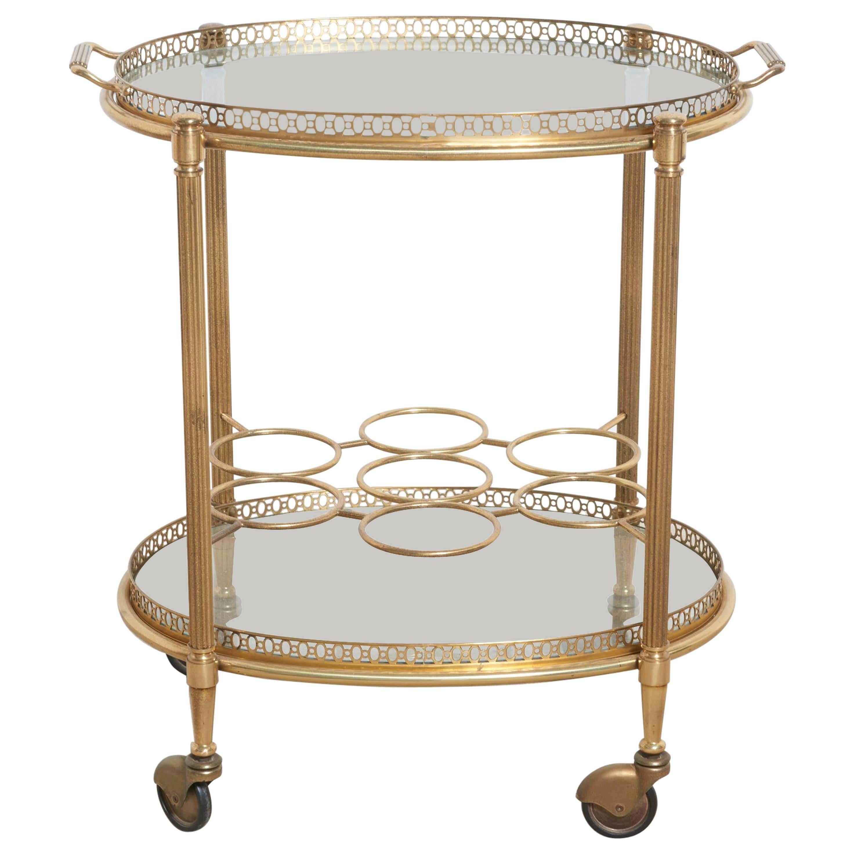 Oval Two-Tiered Brass and Glass Bar and Serving Cart or Trolley