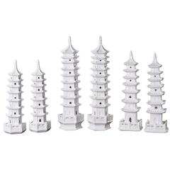 Blanc de Chine Pagodas, Chinoiserie White Porcelain Object of Art, Set of Six