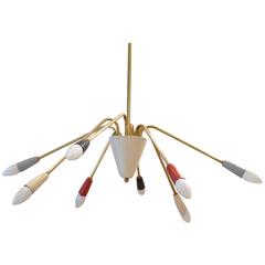 Italian Mid-Century Design 1950s Spider Shaped Quadricolor Metal Chandelier 8
