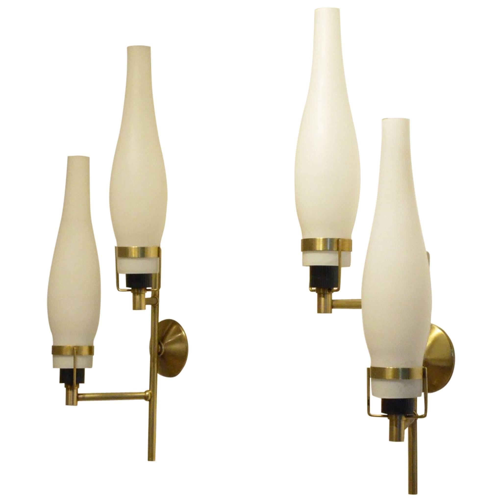 Italian Mid-Century Stilnovo Attributed two-Glass and Brass Wall Sconces Lamps