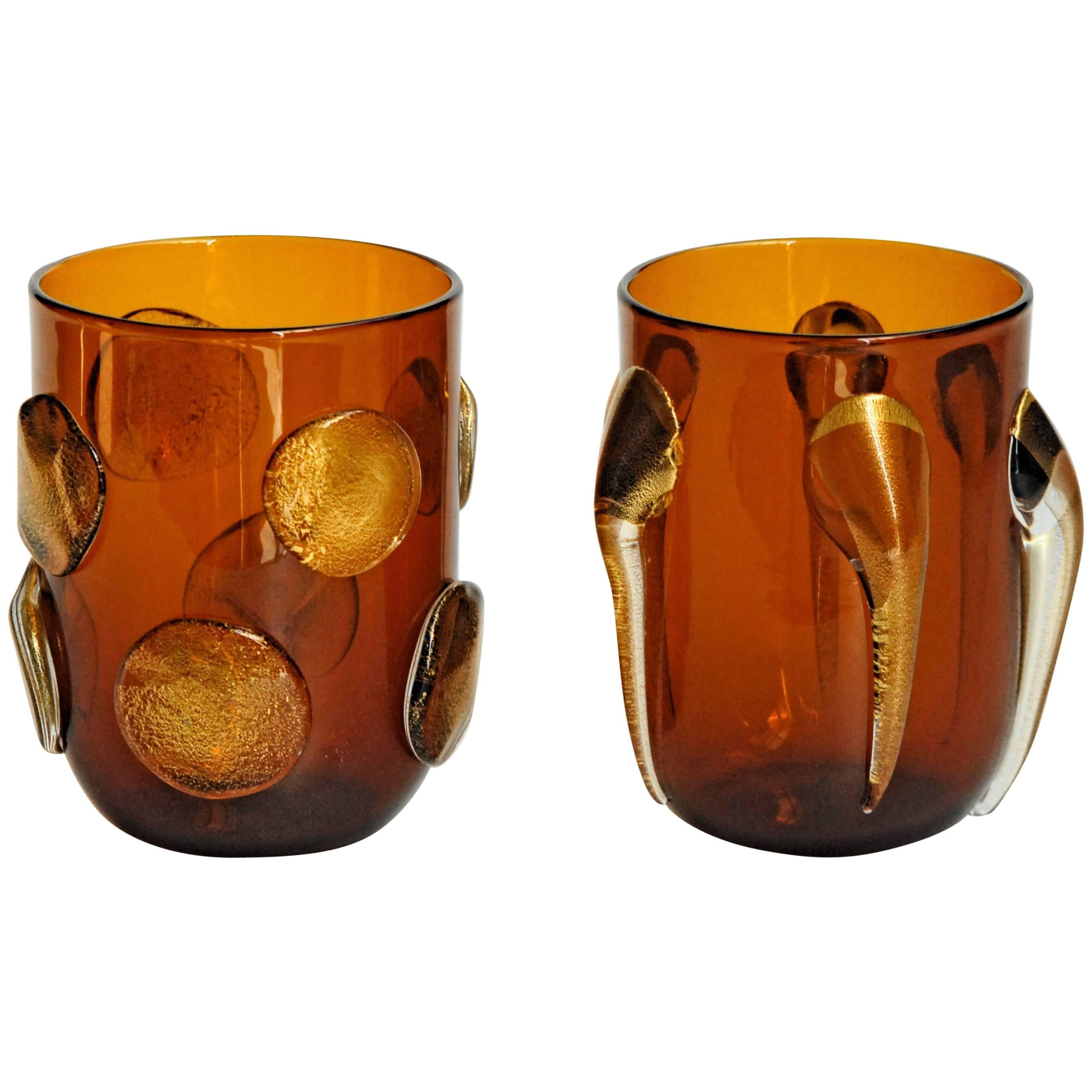 Six Tumblers, Gold Leaf Applications on Deep Amber, Cenedese Style, Murano 1990s