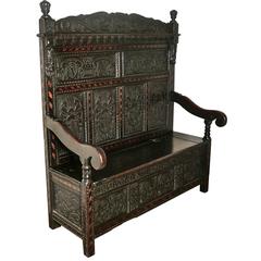 17th Century High Back Inlaid Oak Marriage Settle