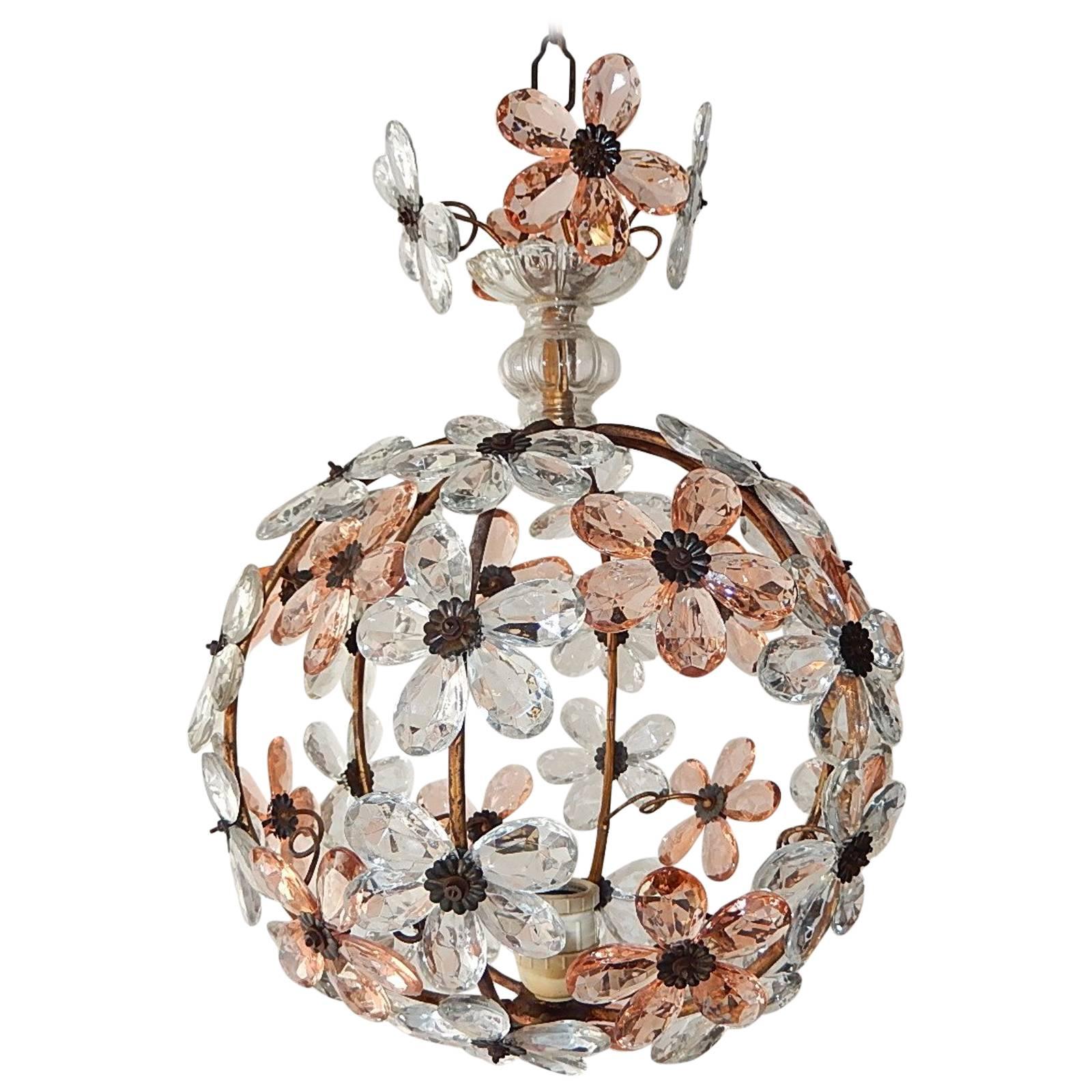 French Pink Flower Ball Crystal Prisms Maison Baguès Style Chandelier