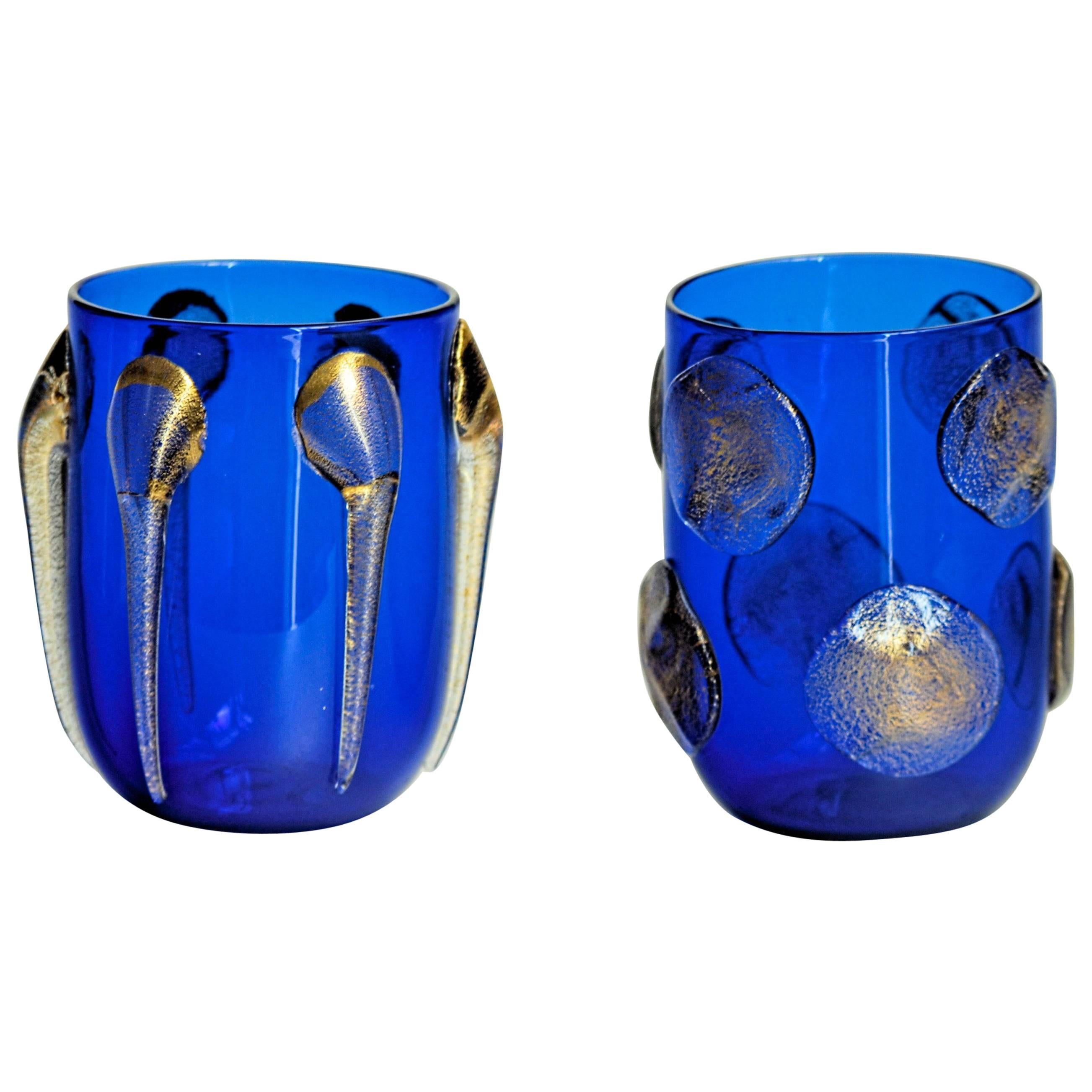 Murano Tumblers, Gold Leaf Applications over Cobalt Blue, Cenedese Style, 1990s