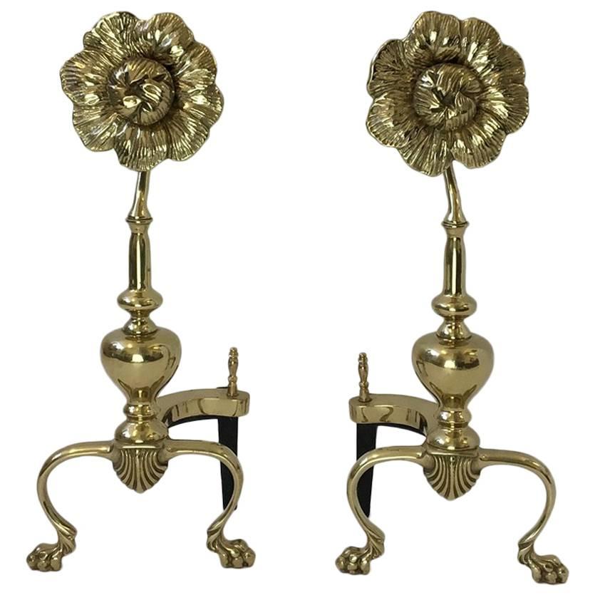 Pair of Polished Brass Flower Andirons