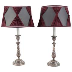Pair of Silver Plate Candlestick Lamps, Mid-19th Century
