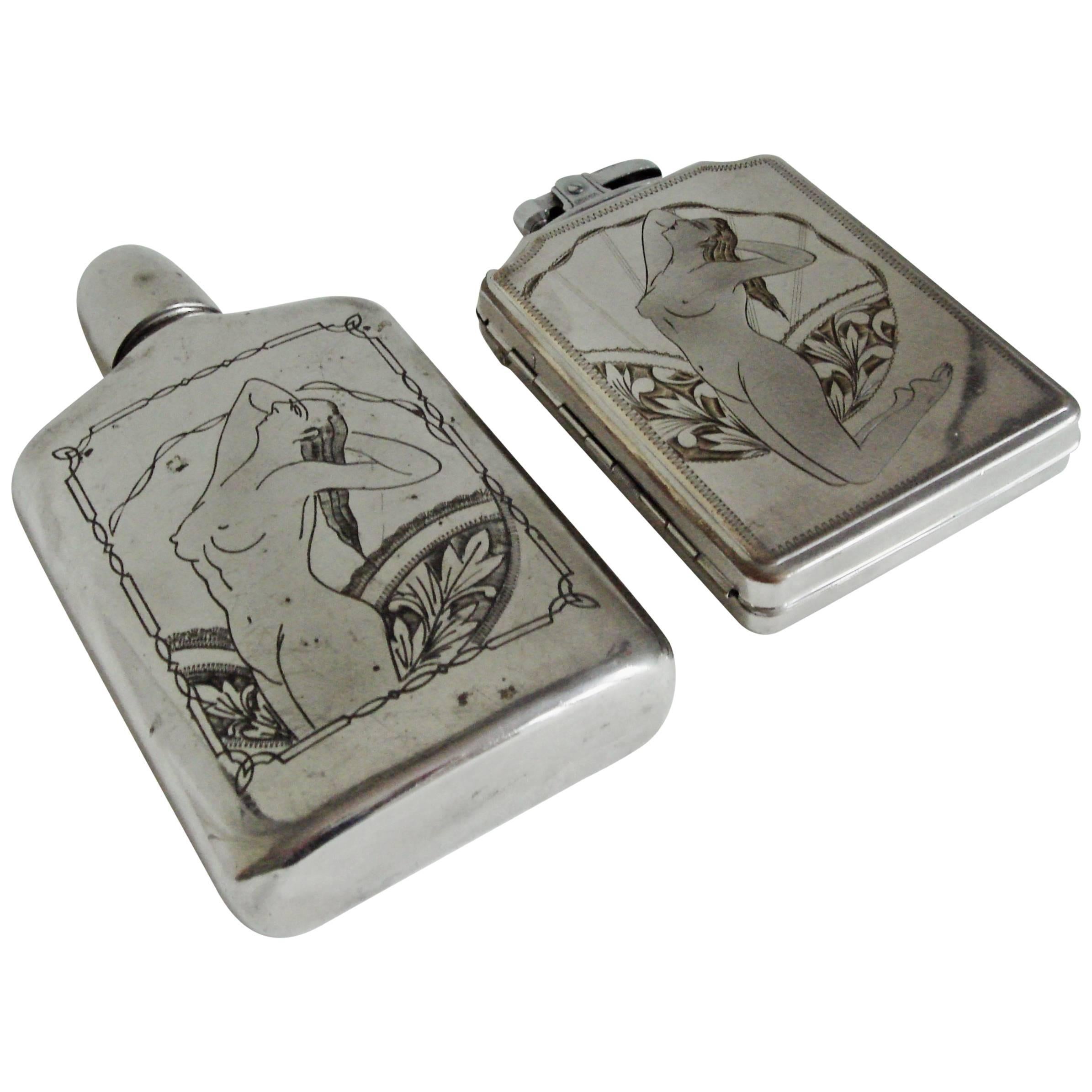 Japanese Mid-Century Etched Chrome Nude Flask & Cigarette Lighter/Case by Prince