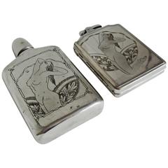 Retro Japanese Mid-Century Etched Chrome Nude Flask & Cigarette Lighter/Case by Prince