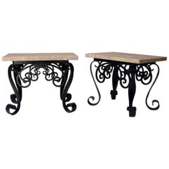 1950s, Spanish Wrought Iron and Pink Marble Side Tables