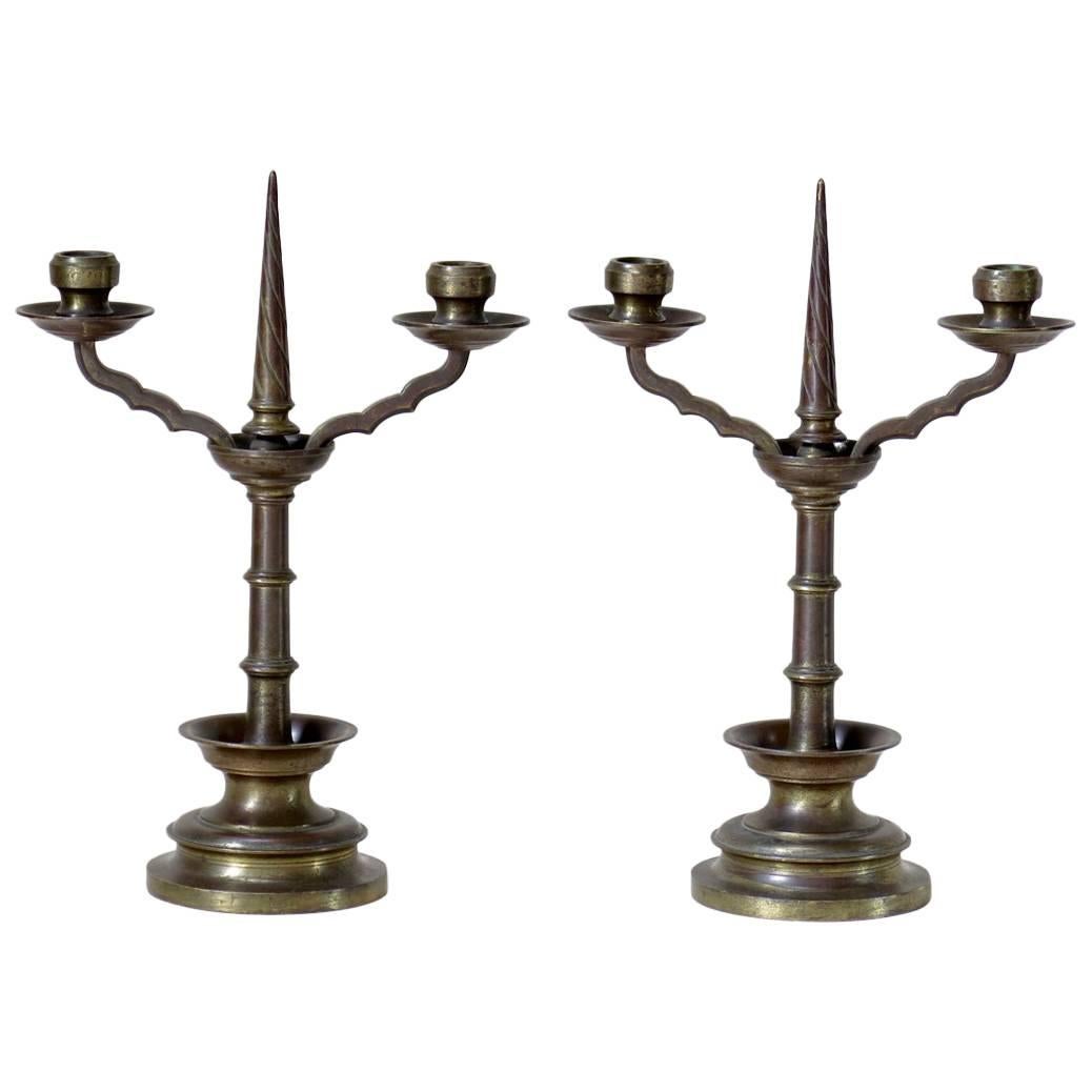 Pair of Bronze Gothic-Style Candleholders, France, Early 1900s