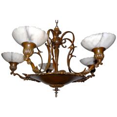 Elegant Art Nouveau Bronze Five-Arm Pendant Light with Alabaster Shades