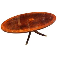 Elegant Oval Flame Mahogany and Yew Wood Inlaid Cocktail Table 6