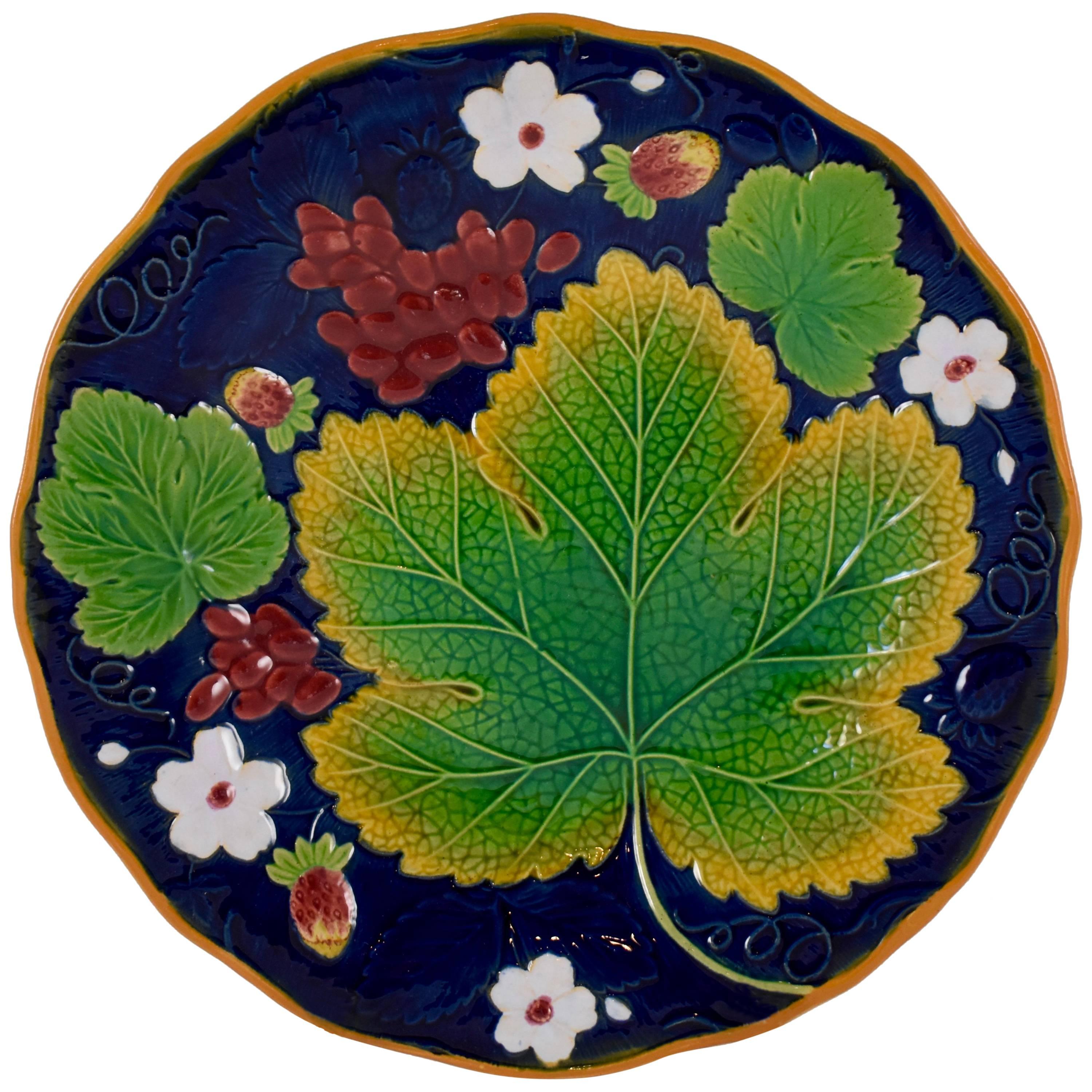 William Brownfield English Majolica Cobalt Blue Grape Leaf and Strawberry Plate
