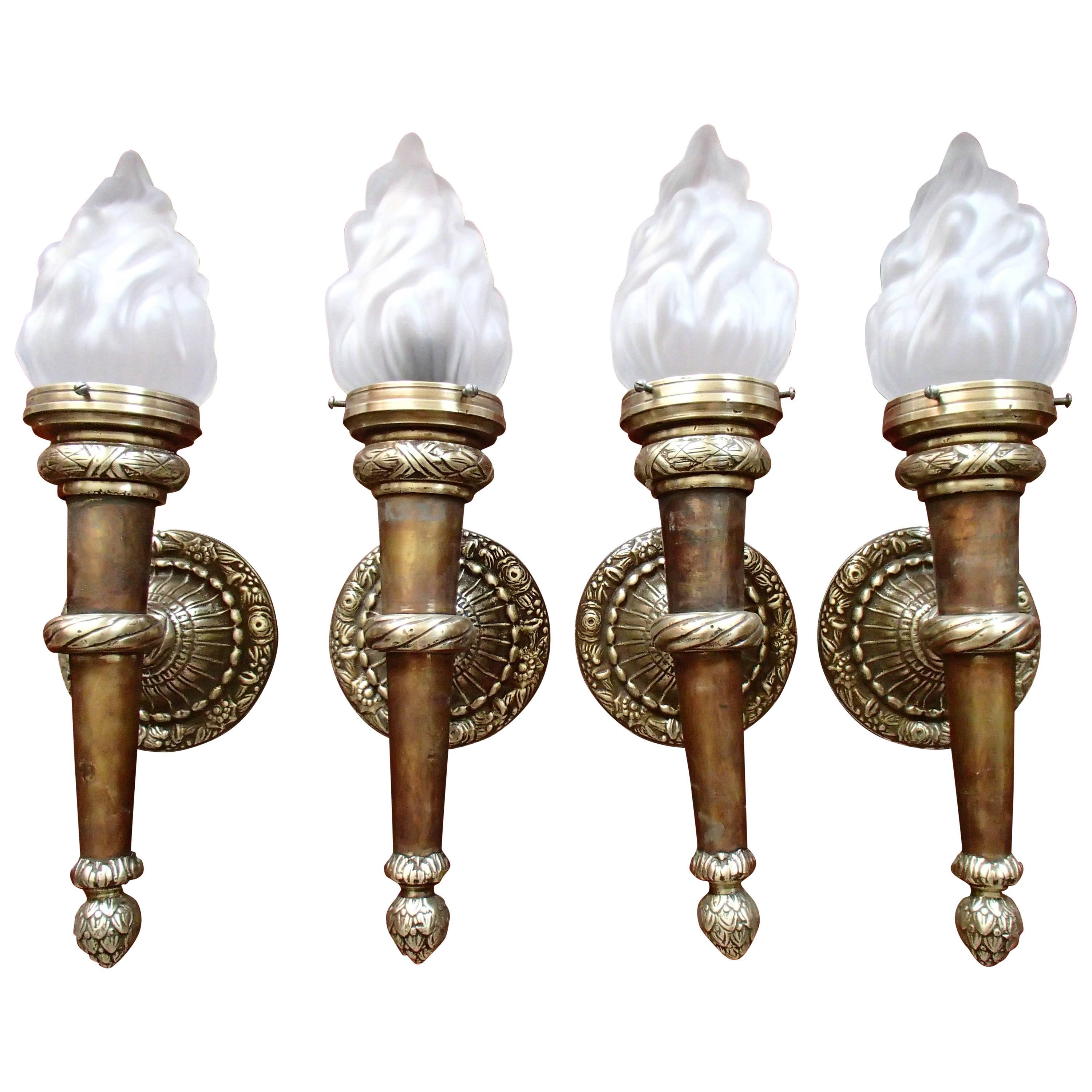 Four Huge Walllights Torches with Flame Glass