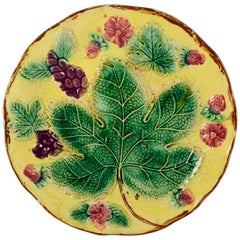English Majolica Yellow Grape Leaf and Strawberry Plate, 19th Century