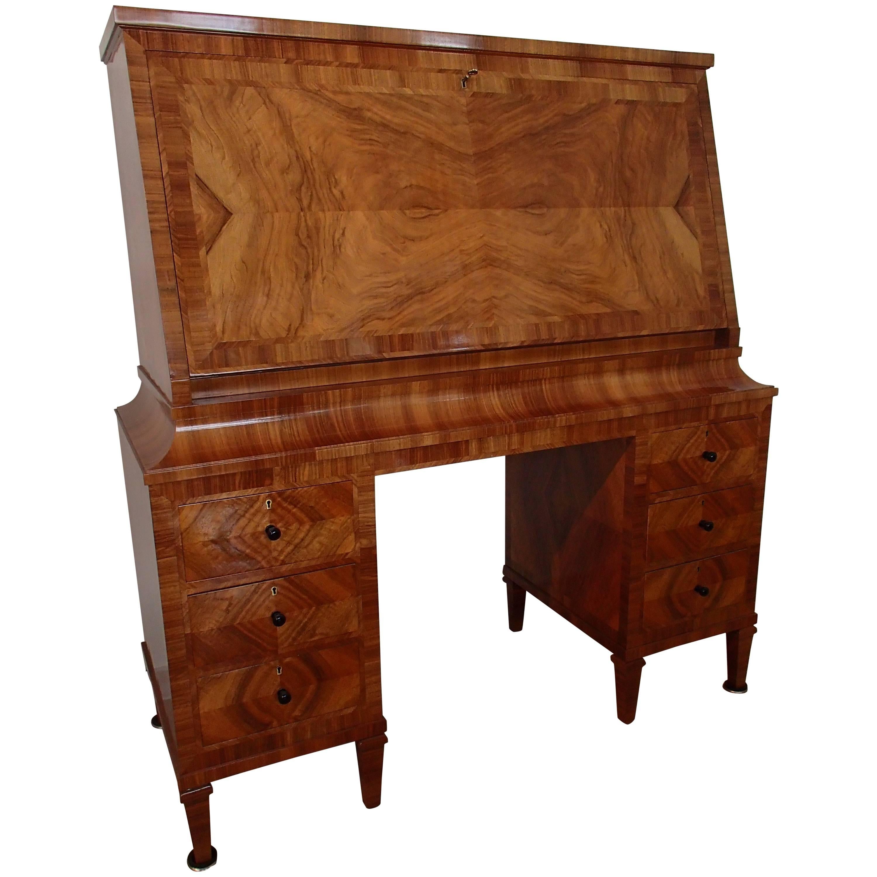 1920 Walnut Secretaire with 16 Drawers and Leather Desk For Sale