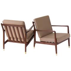 Pair of Lounge Chairs with Brass-Capped Legs by Folke Ohlsson for DUX