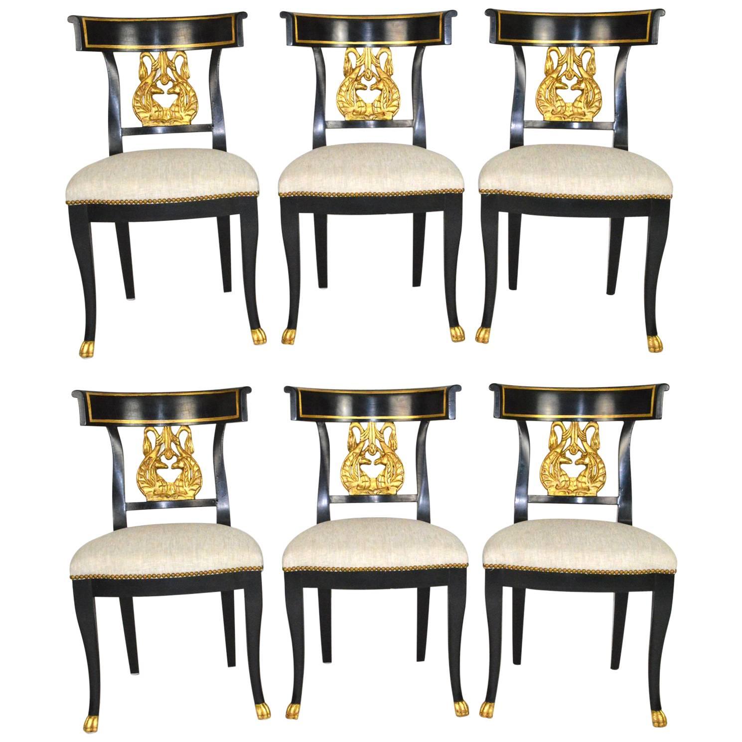 Set of Six Regency Style Ebonized and Gilt Side Chairs For Sale