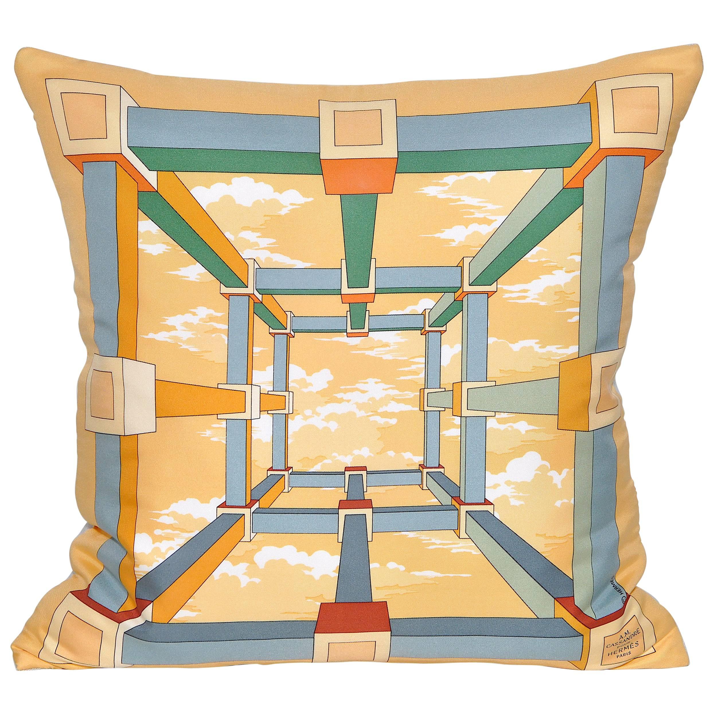 Vintage Hermes Gold Yellow Silk Scarf and Irish Linen Cushion Pillow