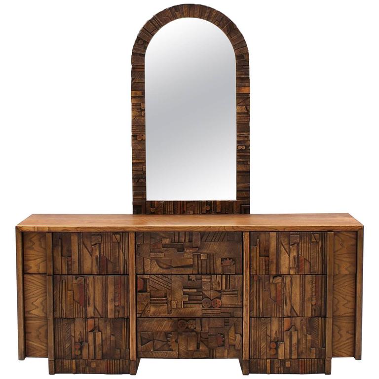 Oak Brutalist Style Dresser and Mirror For Sale at 1stdibs